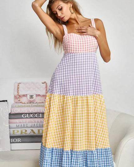 BiBi Color Block Tiered Gingham Dress YELLO SAGE BLUE PURP