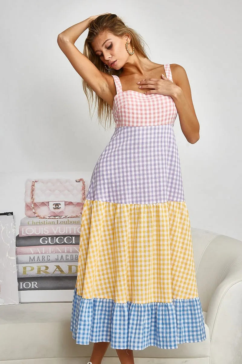 BiBi Color Block Tiered Gingham Dress YELLO SAGE BLUE PURP