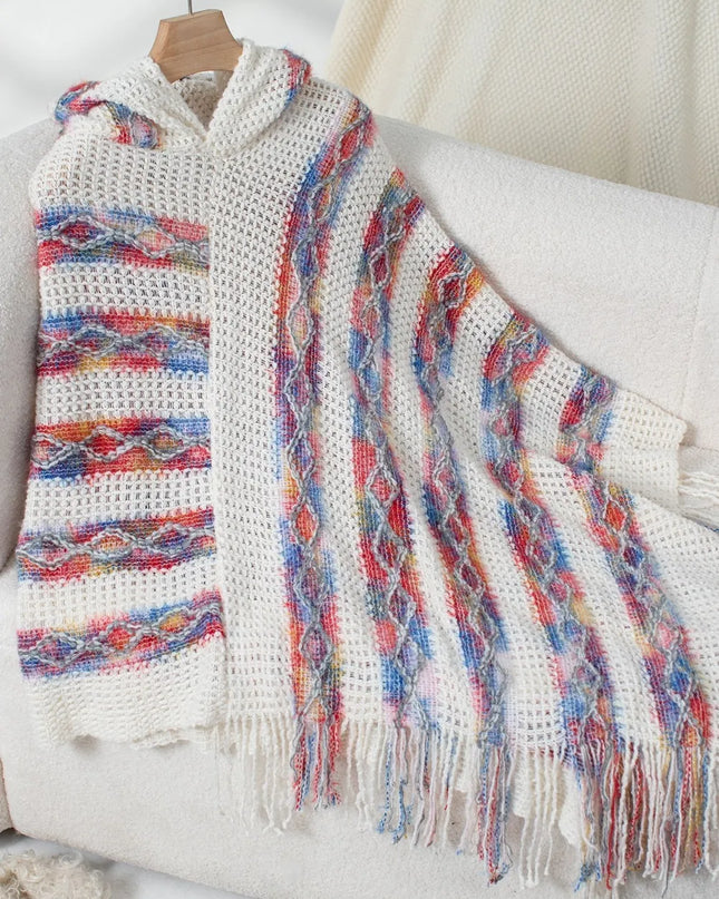 Fringe Contrast Hooded Poncho White One Size