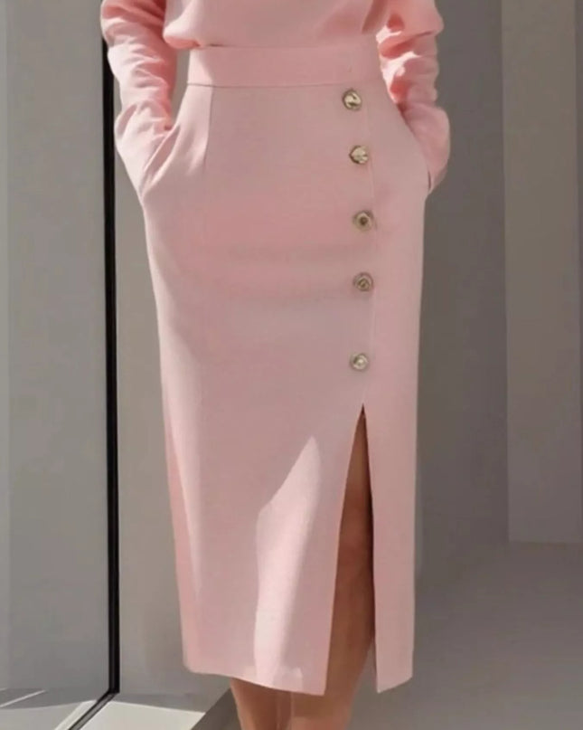 Long Sleeve Button Detail Midi Dress with Side Slit