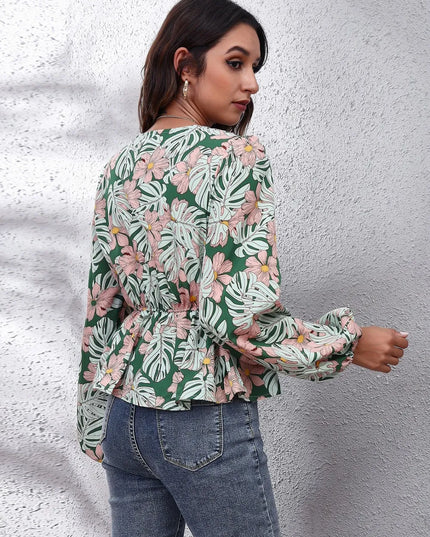 Floral V-Neck Balloon Sleeve Peplum Blouse