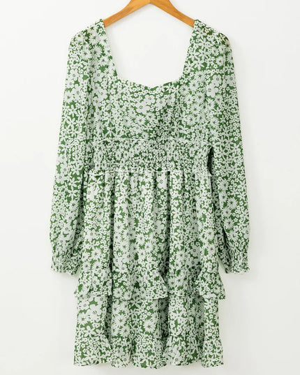 Ruffle Hem Floral Square Neck Long Sleeve Dress