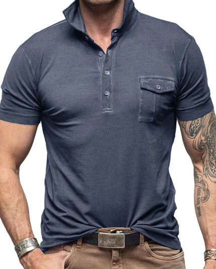 Men's Classic Pocket Polo Shirt with Stand Collar Dusty Blue