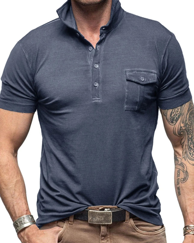 Men's Classic Pocket Polo Shirt with Stand Collar Dusty Blue