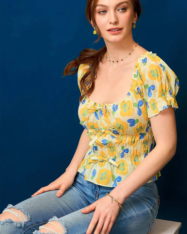 Umgee Floral Smocked Peplum Blouse Yellow