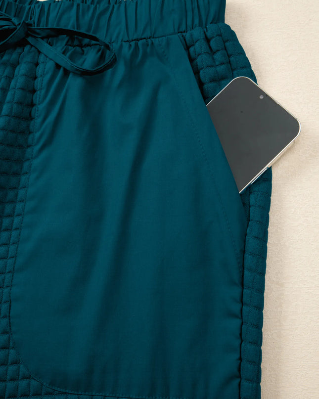 Waffled Textured Raw Edge Patchwork Top and Pants 2pcs Set