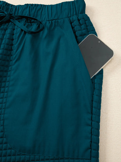 Waffled Textured Raw Edge Patchwork Top and Pants 2pcs Set