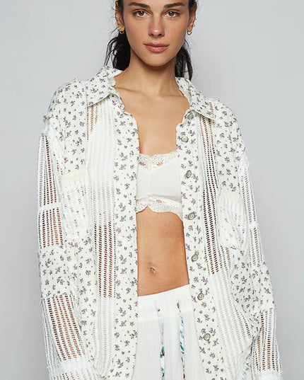POL Floral Crochet Patchwork Long Sleeve Shirt