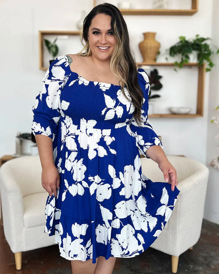 Double Take Full Size Floral Ruffle Hem Smocked Dress with Pockets