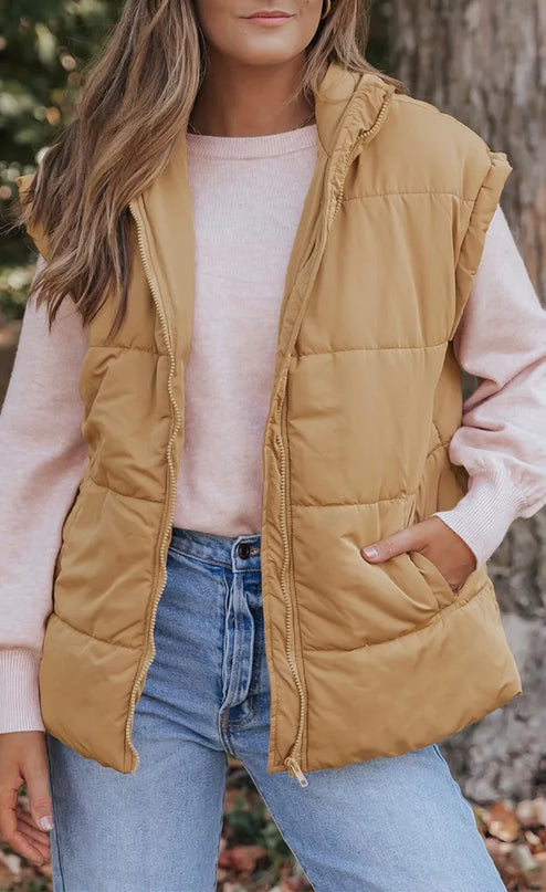 Zip Up Vest Coat with Pockets Tan