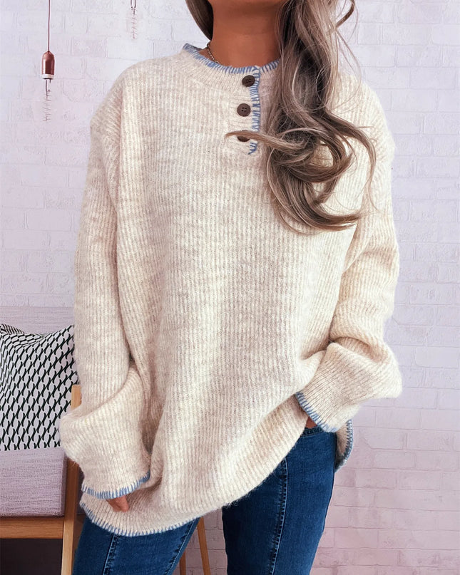 Ribbed Button Detail Long Sleeve Sweater