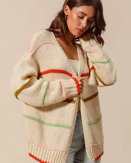 SO ME Loose Fit Multi Stripe Open Front Cardigan