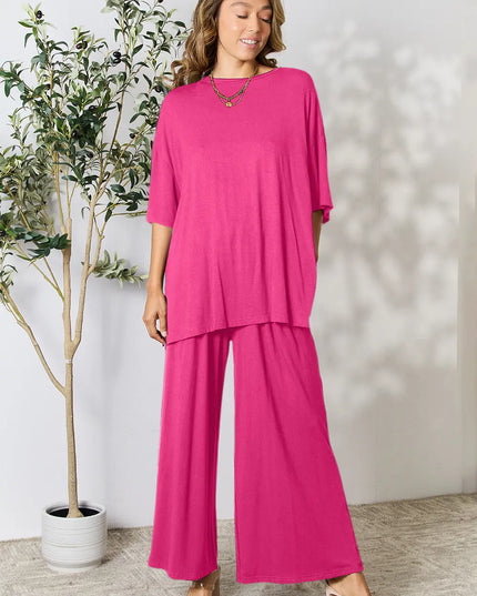 Double Take Full Size Round Neck Slit Top and Pants Set Hot Pink