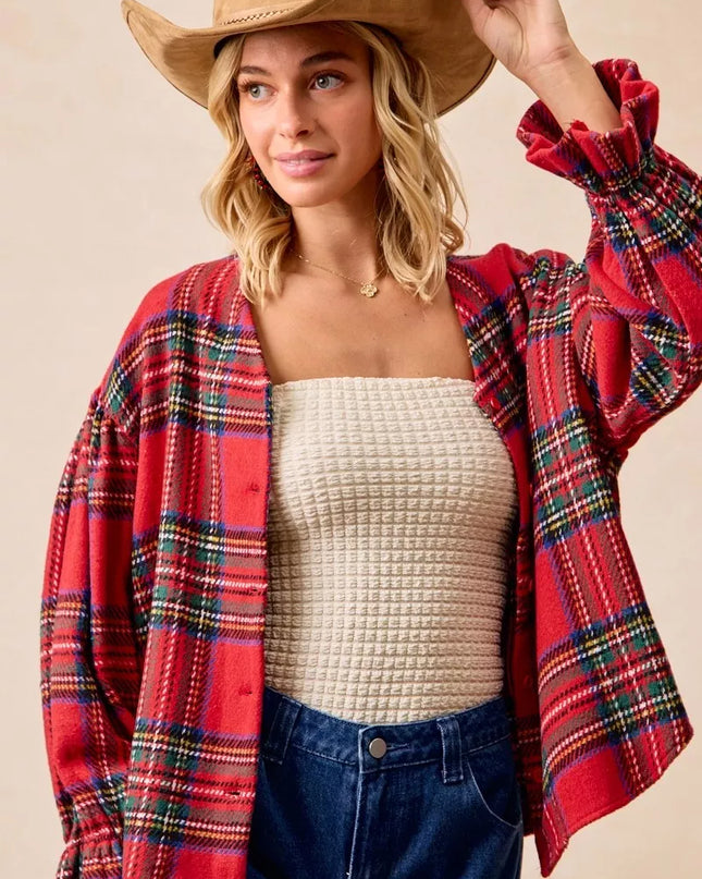 BiBi Christmas Plaid V-Neck Flounce Sleeve Jacket