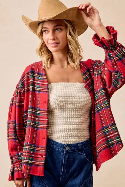 BiBi Christmas Plaid V-Neck Flounce Sleeve Jacket