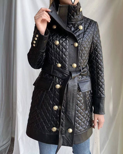 Stand Collar Sheepskin Leather Double-Breasted Coat Black