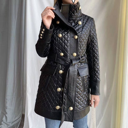 Stand Collar Sheepskin Leather Double-Breasted Coat Black