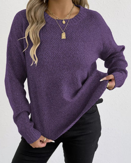 Textured Knit Relaxed Fit Round Neck Sweater Purple
