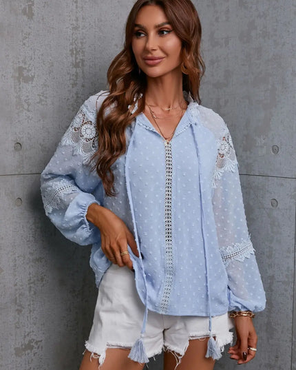 Crochet Tassel Tie Neck Long Sleeve Blouse