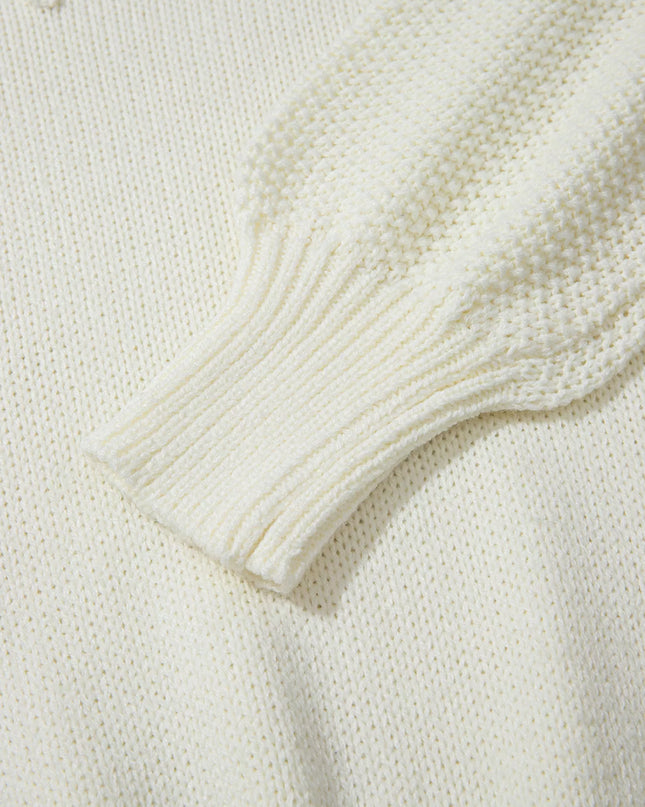 Flower Detail Round Neck Contrast Textured Puff Sleeve Sweater