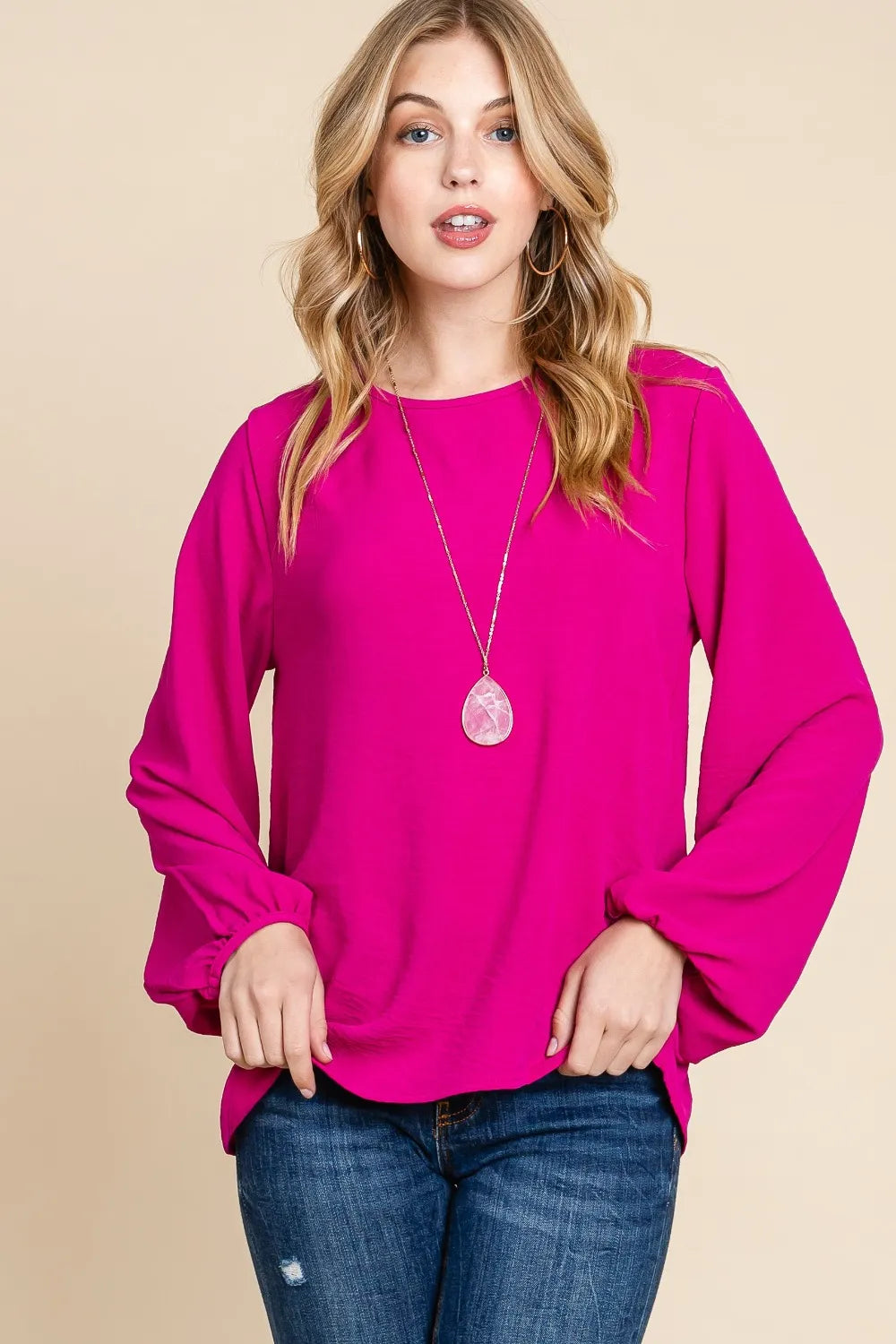 BOMBOM Textured Balloon Sleeve Top Magenta