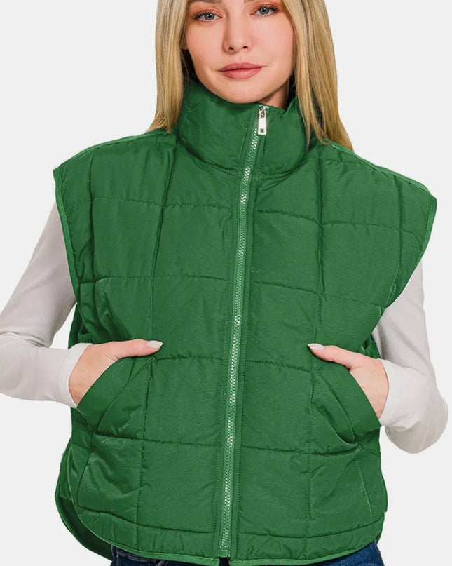 Zenana Zip Up Cropped Puffer Vest with Pockets Dk Green