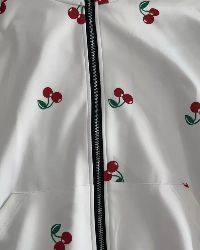 Cherry Print Oversized Zip-Up Hoodie
