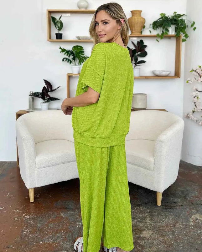 Double Take Full Size Texture Round Neck Short Sleeve T-Shirt and Wide Leg Pants