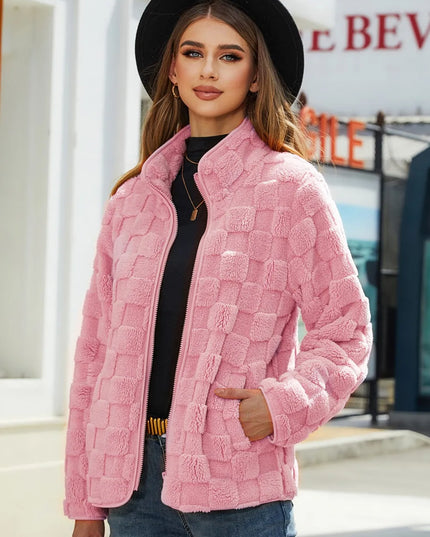 Fuzzy Checkered Zip Up Jacket Blush Pink