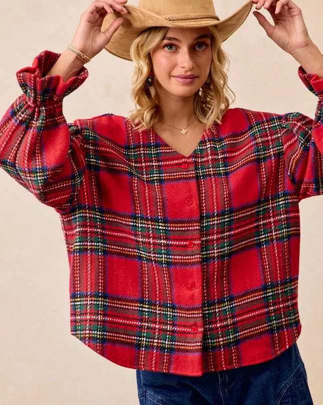 BiBi Christmas Plaid V-Neck Flounce Sleeve Jacket