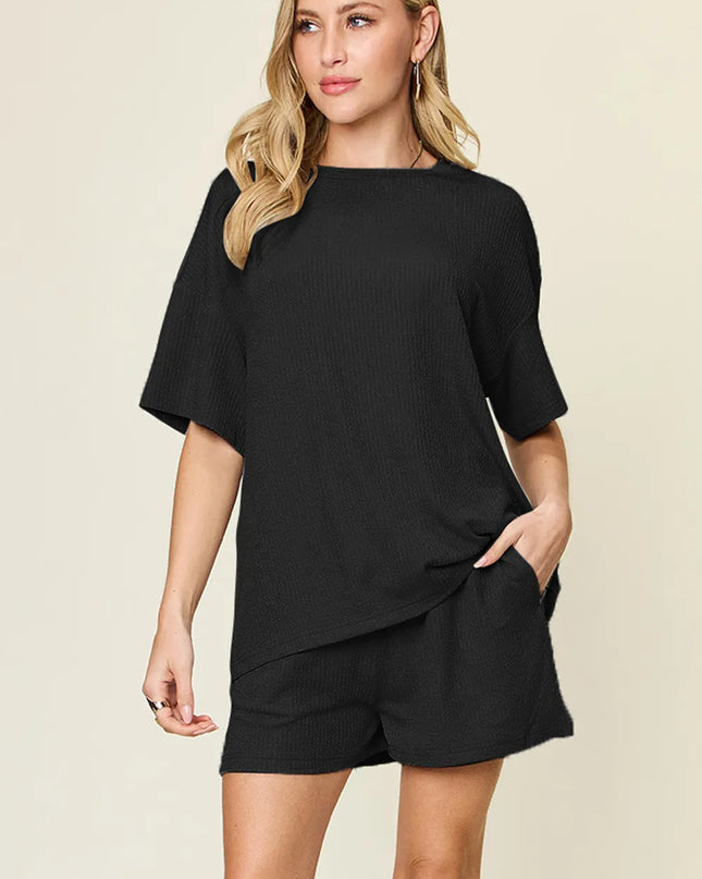 Double Take Basic style Round Neck Solid Set Black