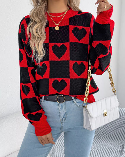Heart Checkerboard Pattern Round Neck Sweater Black