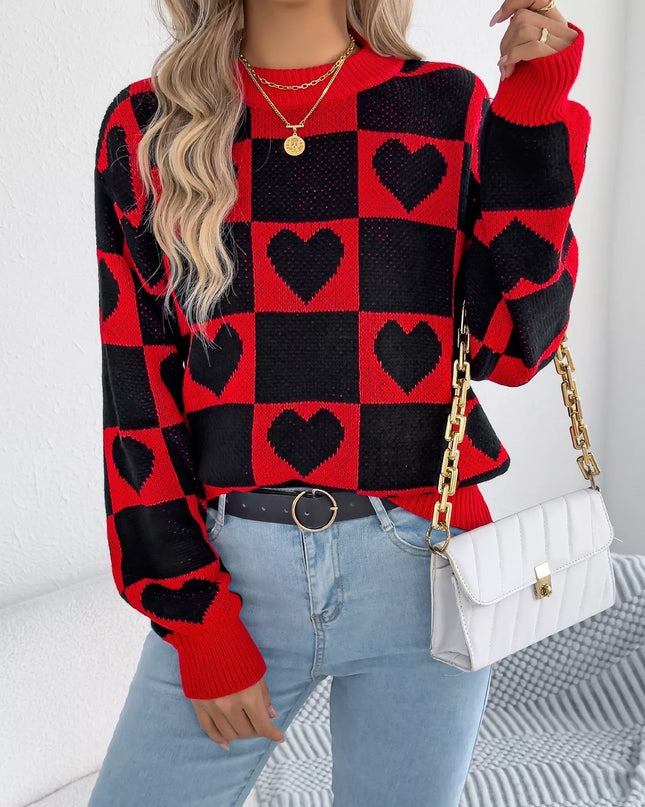 Heart Checkerboard Pattern Round Neck Sweater Black
