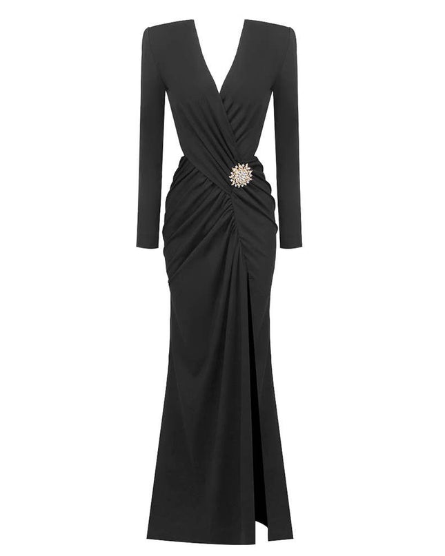 DR714 Graceful Pleated V-Neck Hollow Maxi Dress with Slit