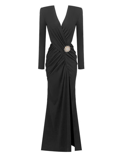 DR714 Graceful Pleated V-Neck Hollow Maxi Dress with Slit