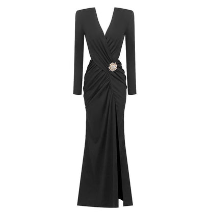 DR714 Graceful Pleated V-Neck Hollow Maxi Dress with Slit