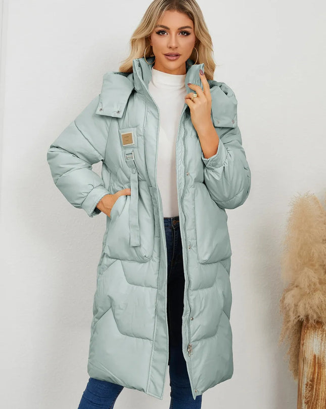 Long Sleeve Longline Hooded Winter Coat Sage