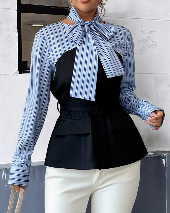 Striped Long Sleeve Blouse with Bow Tie