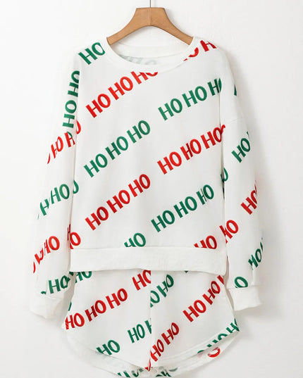 Letter Print Round Neck Long Sleeve Top and Shorts Set