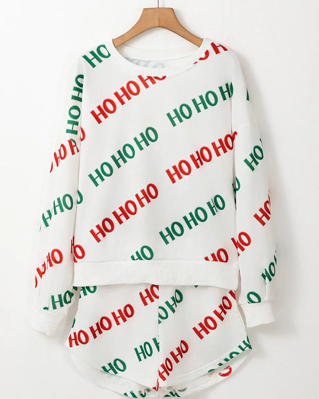 Letter Print Round Neck Long Sleeve Top and Shorts Set