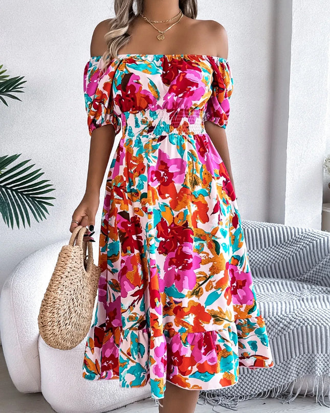 Ruffled Hem Smocked Floral Short Sleeve Midi Dress 