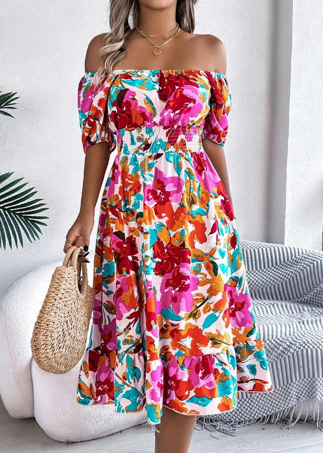 Ruffled Hem Smocked Floral Short Sleeve Midi Dress 