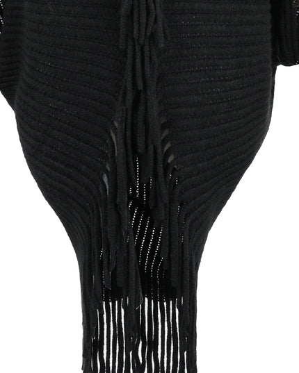 Fringe Detail Long Sleeve Ribbed Poncho