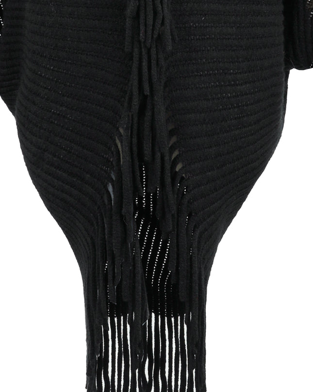 Fringe Detail Long Sleeve Ribbed Poncho