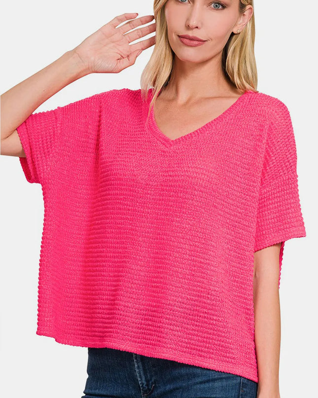 Zenana Drop Shoulder Short Sleeve Jacquard Knit Top Fuchsia