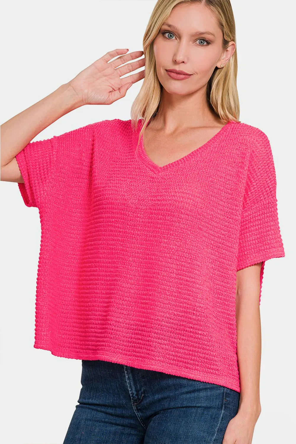 Zenana Drop Shoulder Short Sleeve Jacquard Knit Top Fuchsia