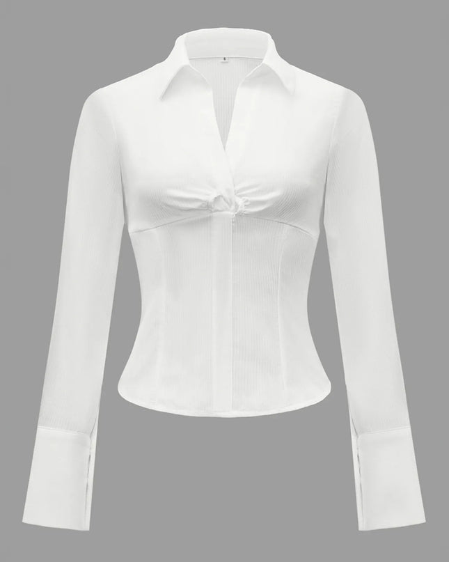Ruched Striped Collared Neck Long Sleeve Shirt