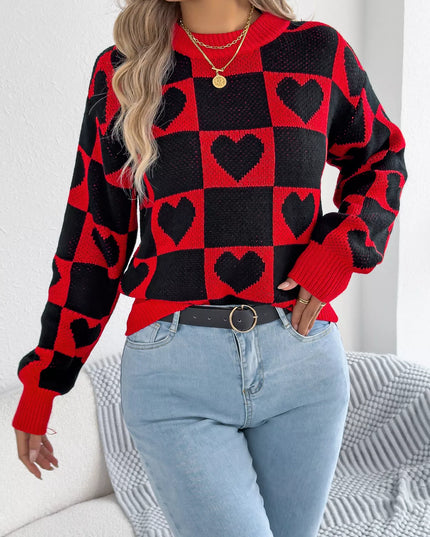 Heart Checkerboard Pattern Round Neck Sweater