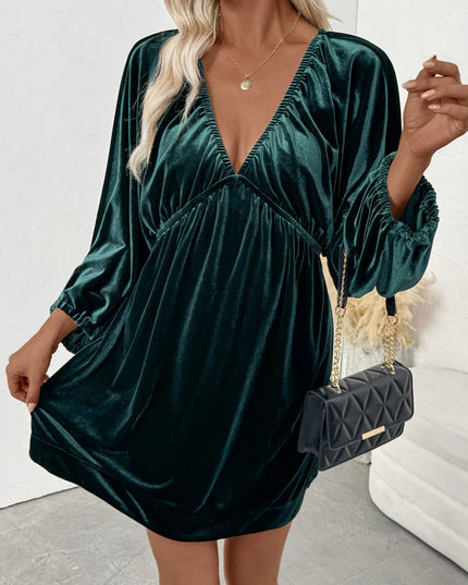 Ruched V-Neck Balloon Sleeve Dress