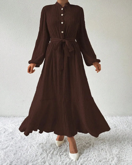 Half Button Tie Waist Long Sleeve Maxi Dress Chocolate